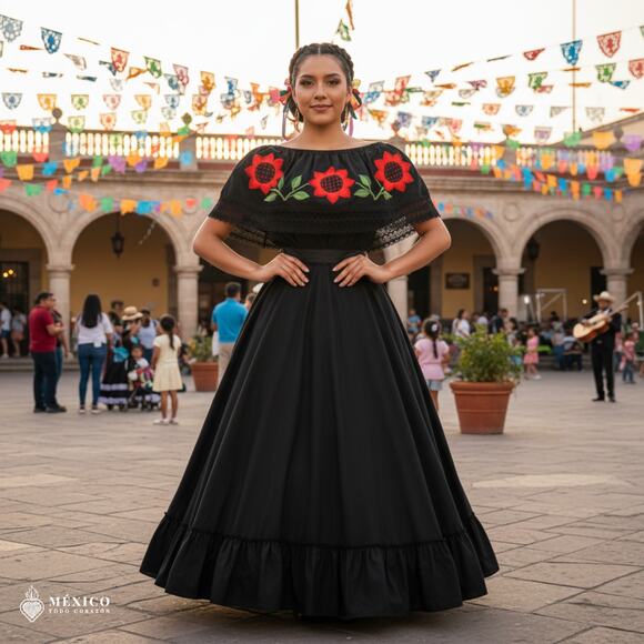 Traditional Mexican Embroidered Floral Dress Set – Handmade Two-Piece - Picture 1 of 8